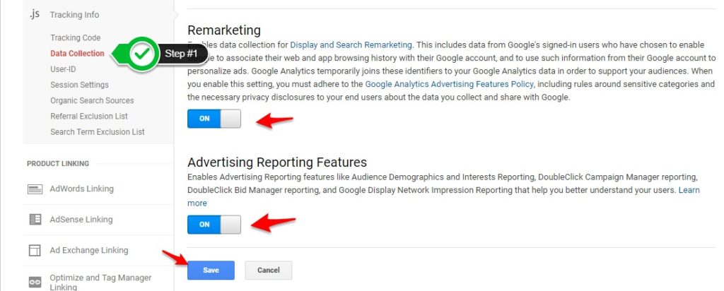 Enable Remarketing & Advertising Features - Adwords Dynamic Remarketing