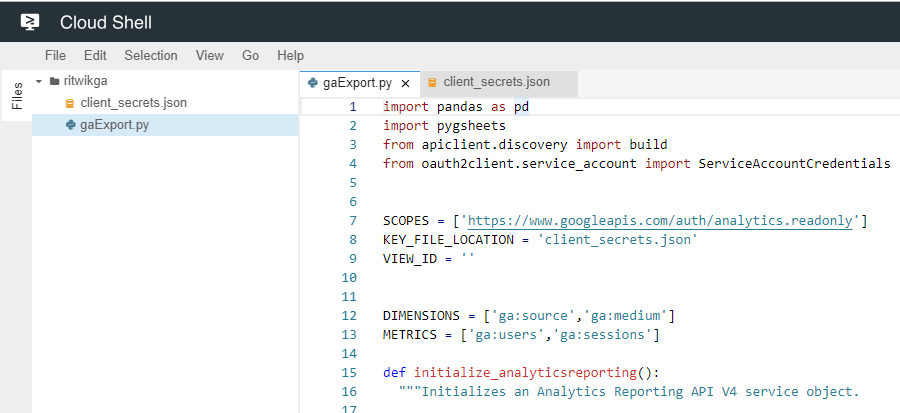 Cloud Shell - Google Analytics Reporting API Python Code